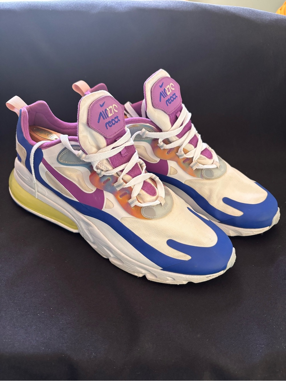 Nike Air Max 270 React Sneakers - White with Blue, Purple & Yellow Accents